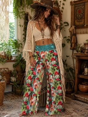 Lucky & Blessed Teal-Waist Floral Cactus Straight-Leg Pants